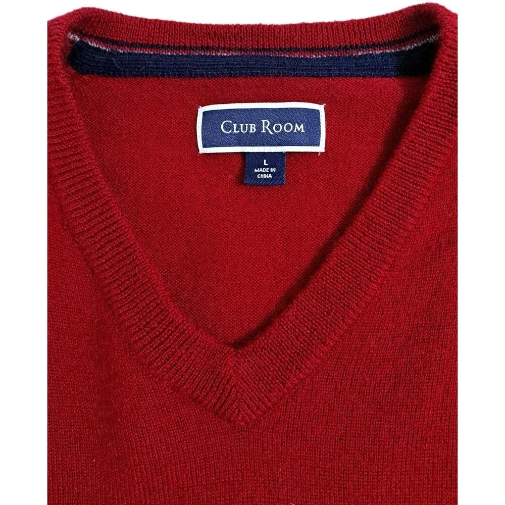Club Room Men's Large Merino Wool V Neck Sweater Red Cabin Core Soft